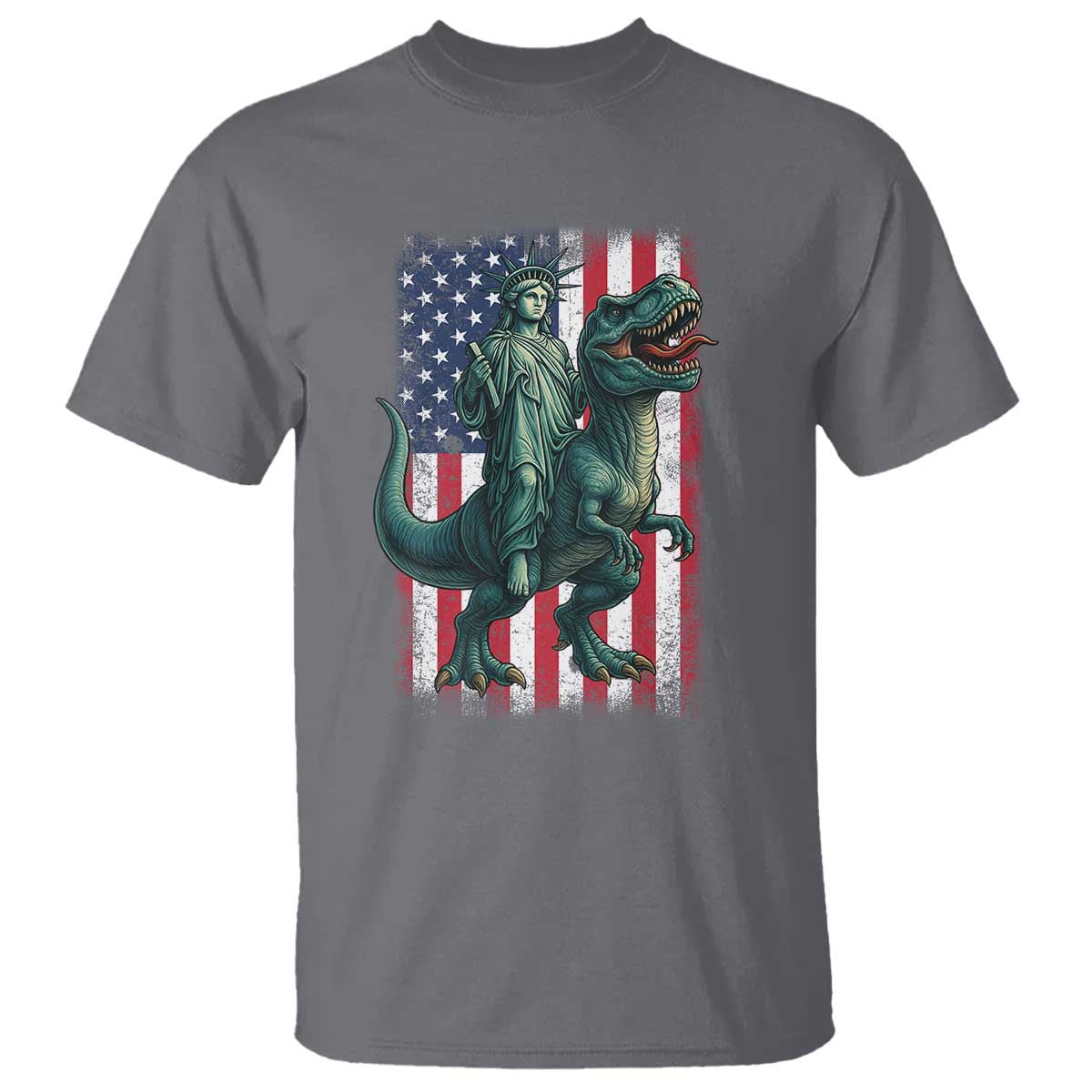 Funny Dinosaur Statue Of Liberty 4th Of July T Shirt American Flag TS11 Charcoal Print Your Wear
