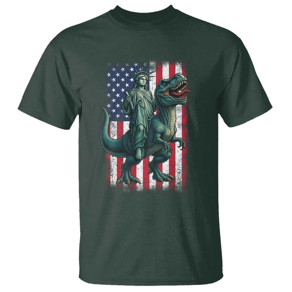 Funny Dinosaur Statue Of Liberty 4th Of July T Shirt American Flag TS11 Dark Forest Green Print Your Wear