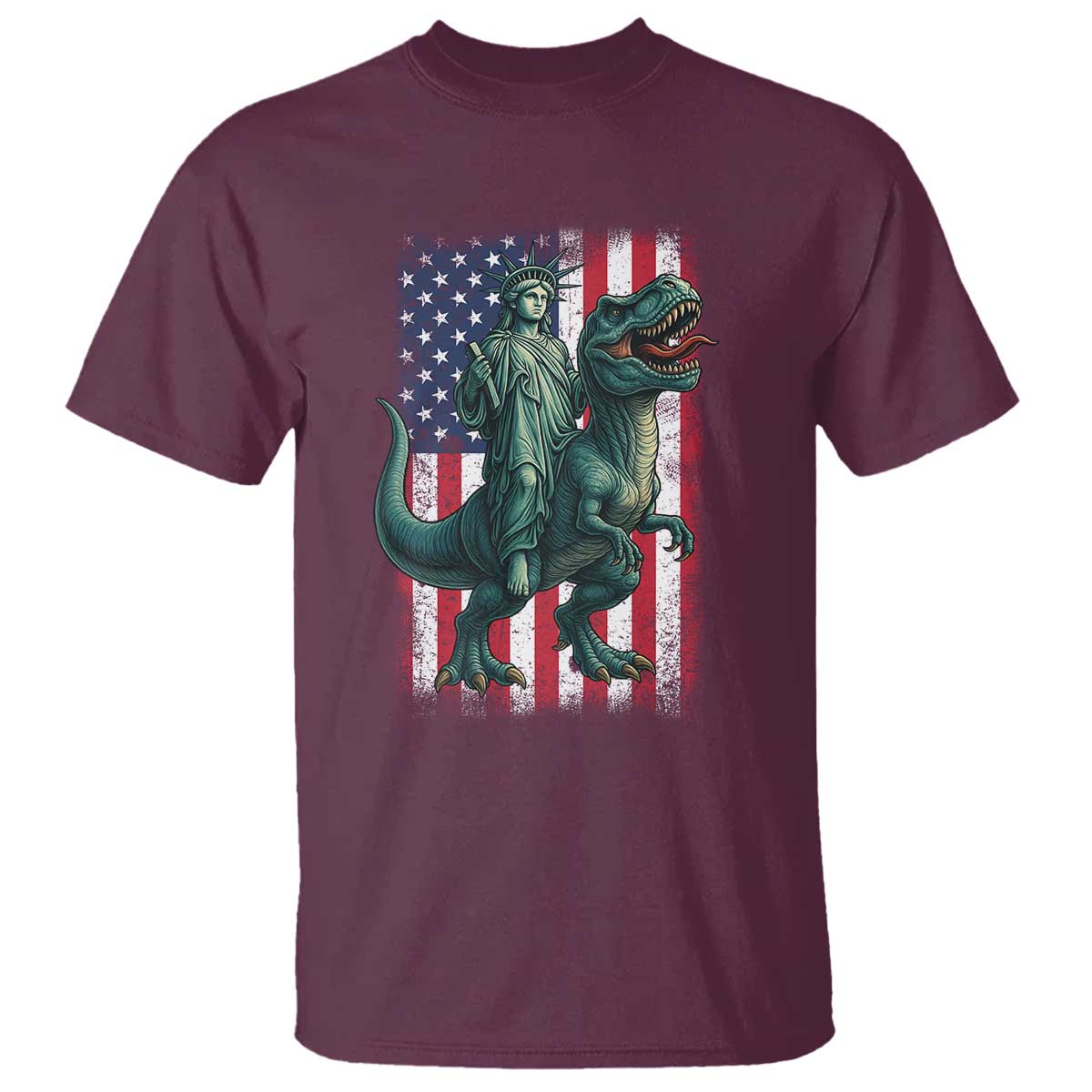 Funny Dinosaur Statue Of Liberty 4th Of July T Shirt American Flag TS11 Maroon Print Your Wear