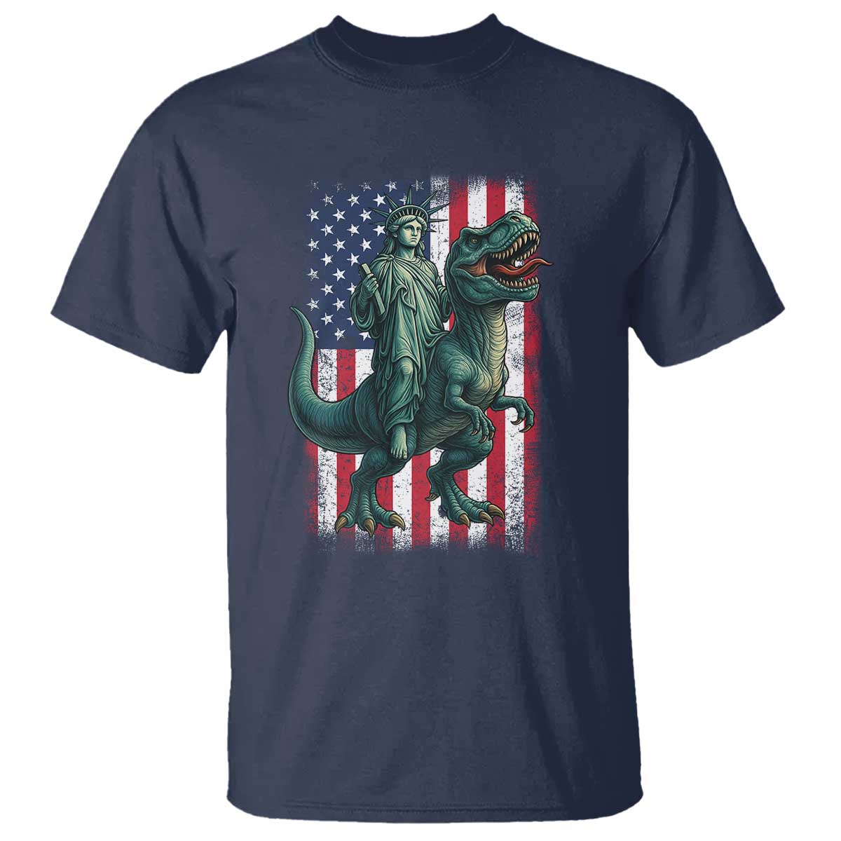 Funny Dinosaur Statue Of Liberty 4th Of July T Shirt American Flag TS11 Navy Print Your Wear