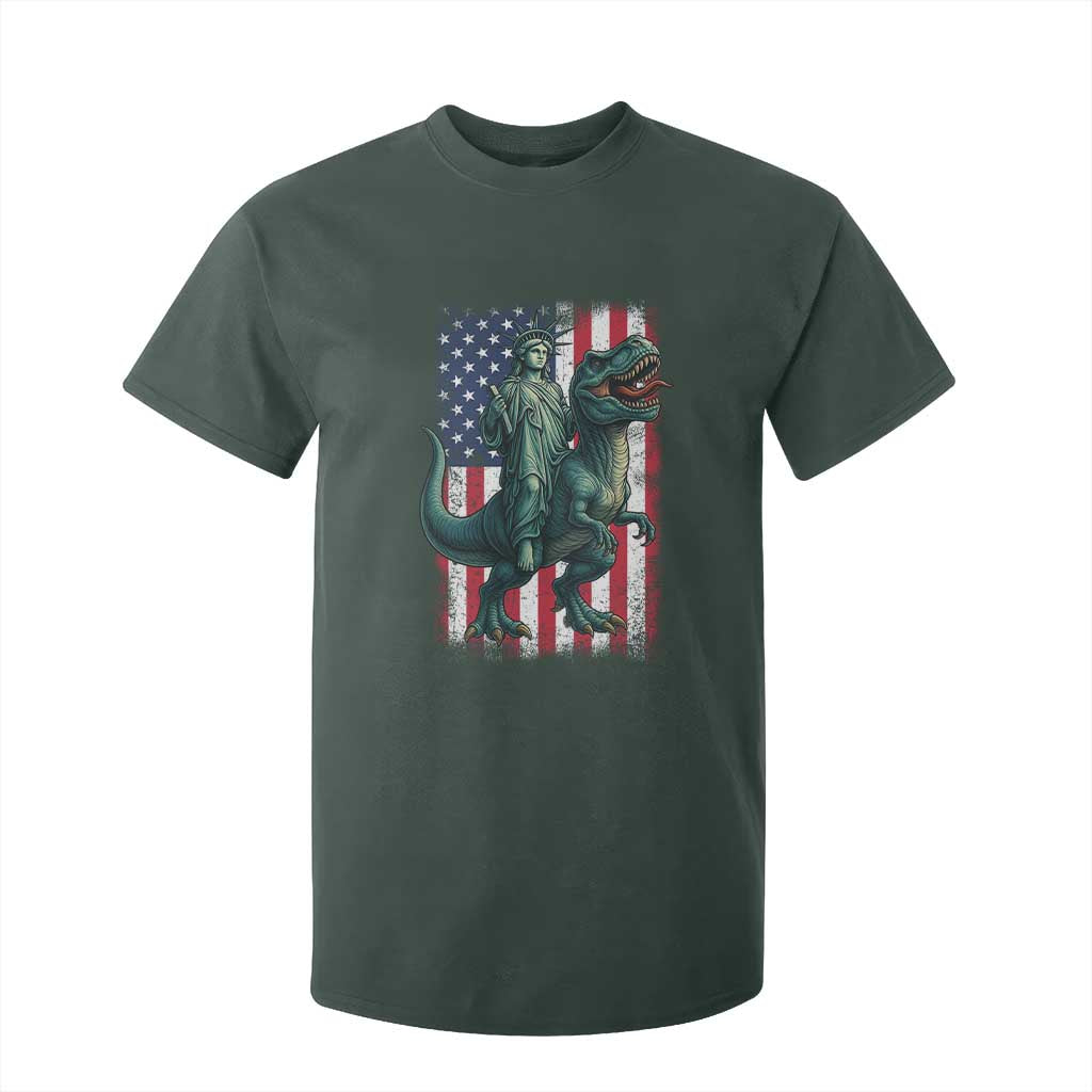 Funny Dinosaur Statue Of Liberty 4th Of July T Shirt For Kid American Flag TS11 Dark Forest Green Print Your Wear