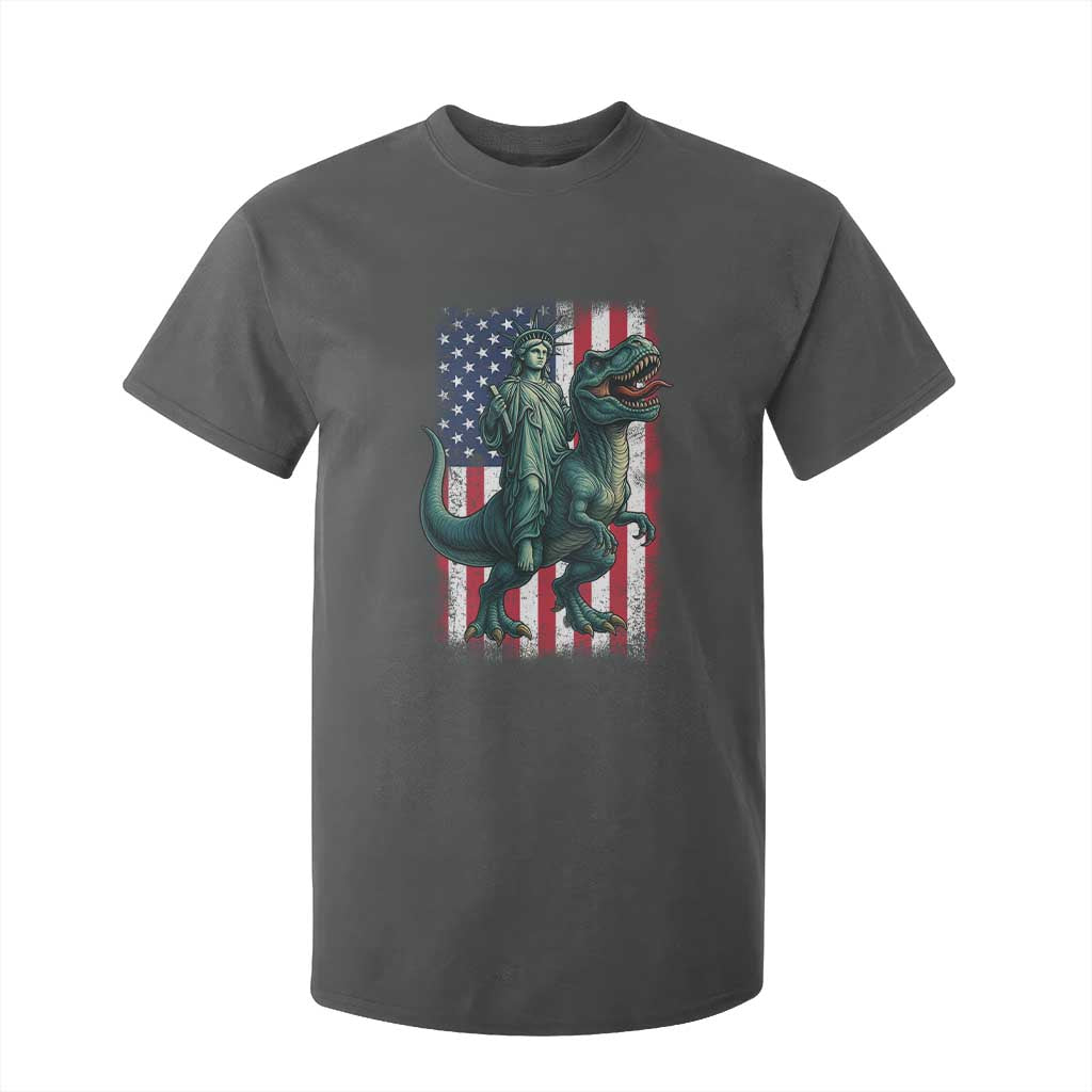 Funny Dinosaur Statue Of Liberty 4th Of July T Shirt For Kid American Flag TS11 Dark Heather Print Your Wear