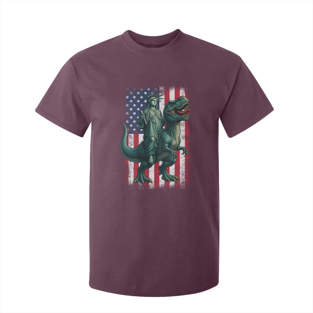 Funny Dinosaur Statue Of Liberty 4th Of July T Shirt For Kid American Flag TS11 Maroon Print Your Wear