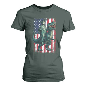 Funny Dinosaur Statue Of Liberty 4th Of July T Shirt For Women American Flag TS11 Dark Forest Green Print Your Wear