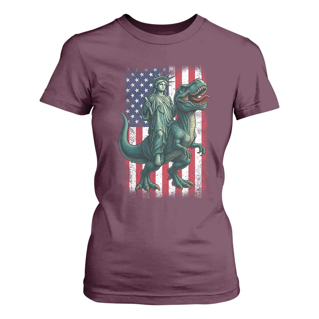 Funny Dinosaur Statue Of Liberty 4th Of July T Shirt For Women American Flag TS11 Maroon Print Your Wear