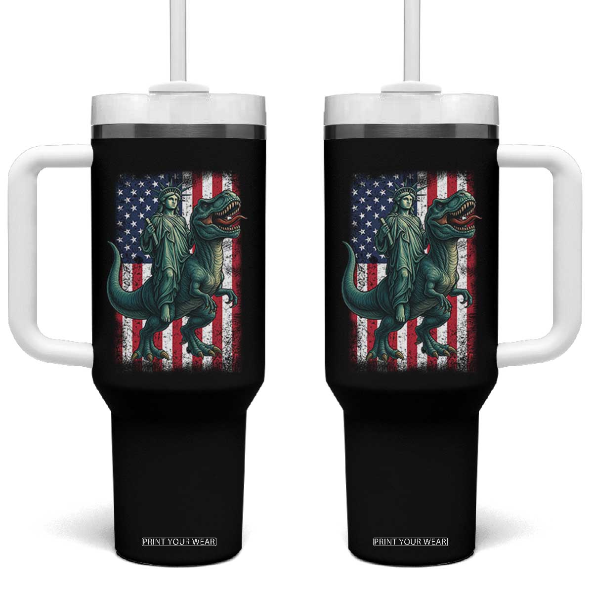 Funny Dinosaur Statue Of Liberty 4th Of July Tumbler With Handle American Flag TS11 One Size: 40 oz Black Print Your Wear