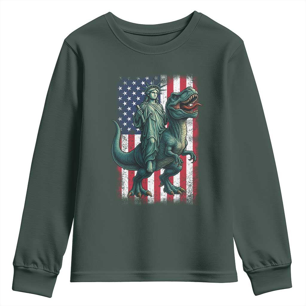 Funny Dinosaur Statue Of Liberty 4th Of July Youth Sweatshirt American Flag TS11 Dark Forest Green Print Your Wear