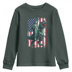 Funny Dinosaur Statue Of Liberty 4th Of July Youth Sweatshirt American Flag TS11 Dark Forest Green Print Your Wear