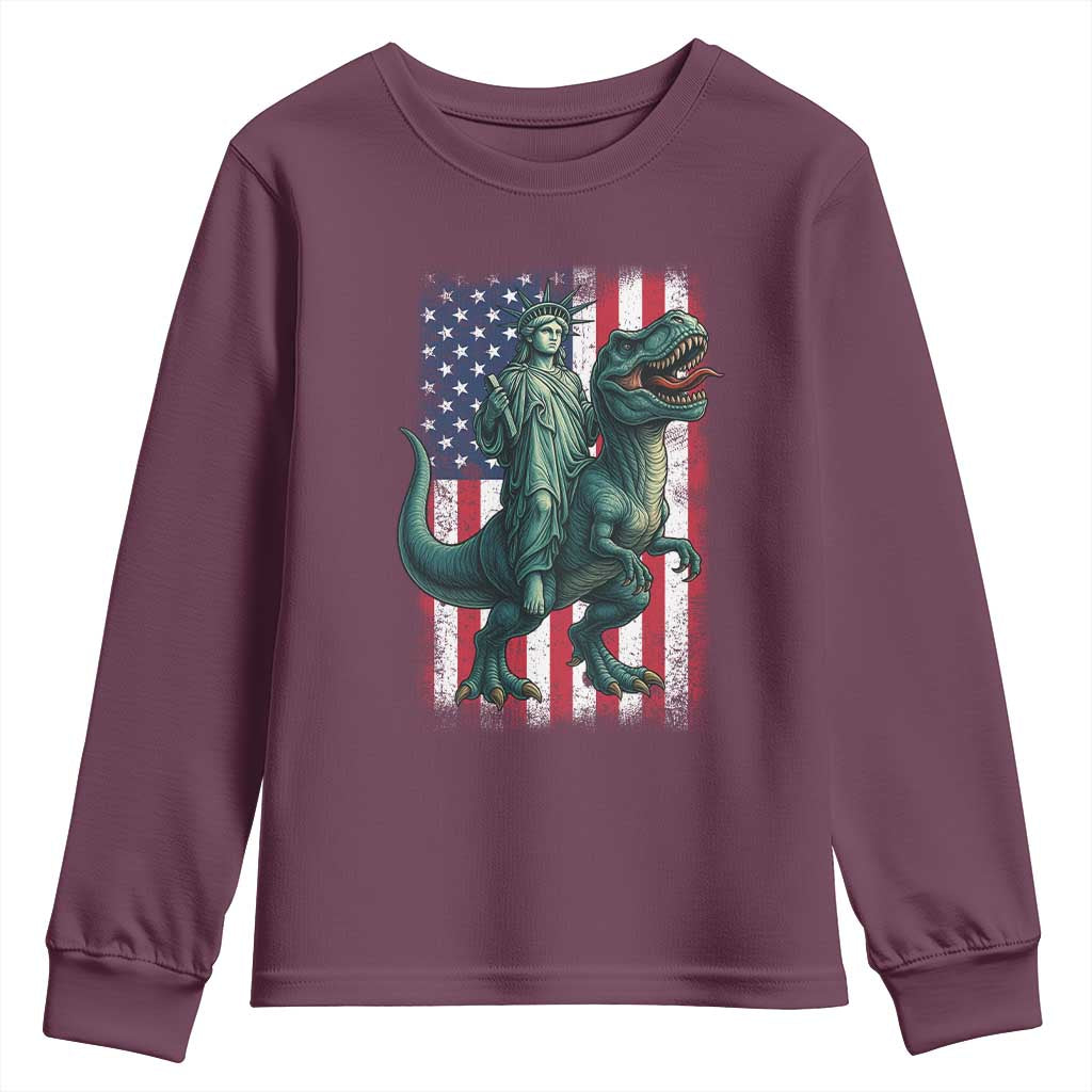 Funny Dinosaur Statue Of Liberty 4th Of July Youth Sweatshirt American Flag TS11 Maroon Print Your Wear