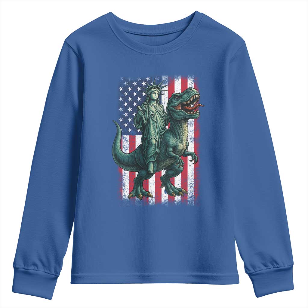 Funny Dinosaur Statue Of Liberty 4th Of July Youth Sweatshirt American Flag TS11 Royal Blue Print Your Wear