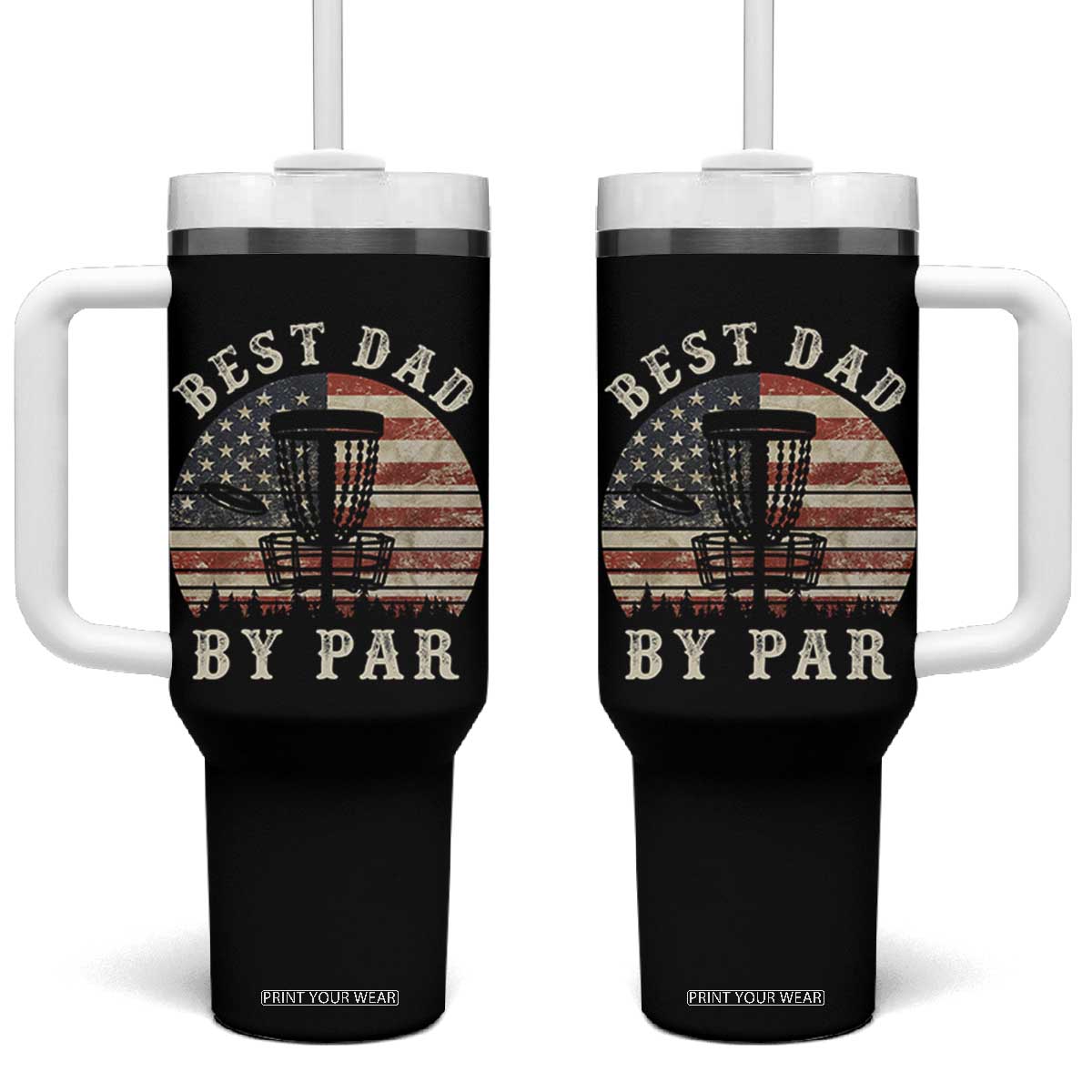 Funny Disc Golf Dad Best Dad By Par Tumbler With Handle Vintage American Flag Fathers Day TS11 One Size: 40 oz Black Print Your Wear