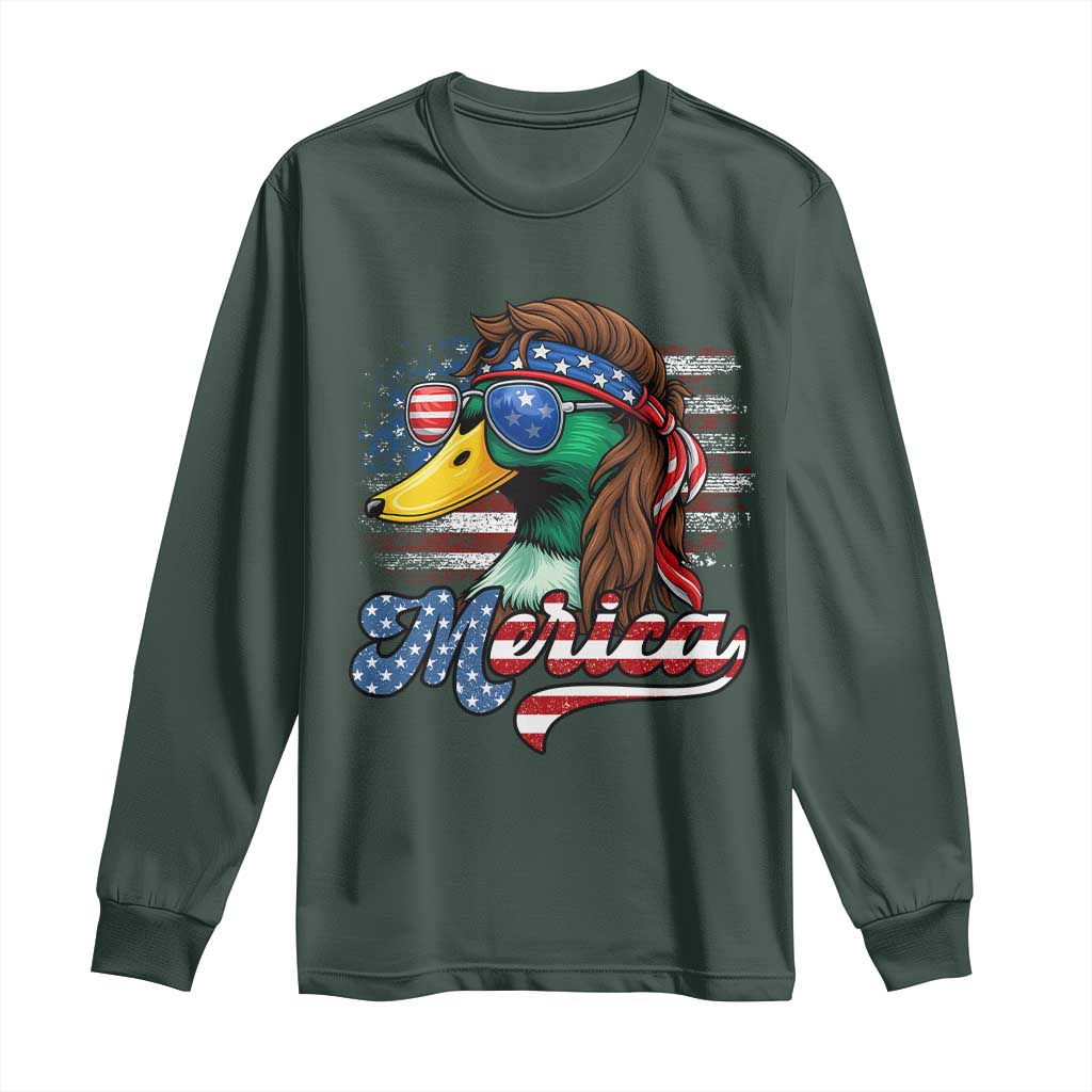 Funny Duck Merica Long Sleeve Shirt 4th Of July American Flag Patriotic Hunting TS11 Dark Forest Green Print Your Wear