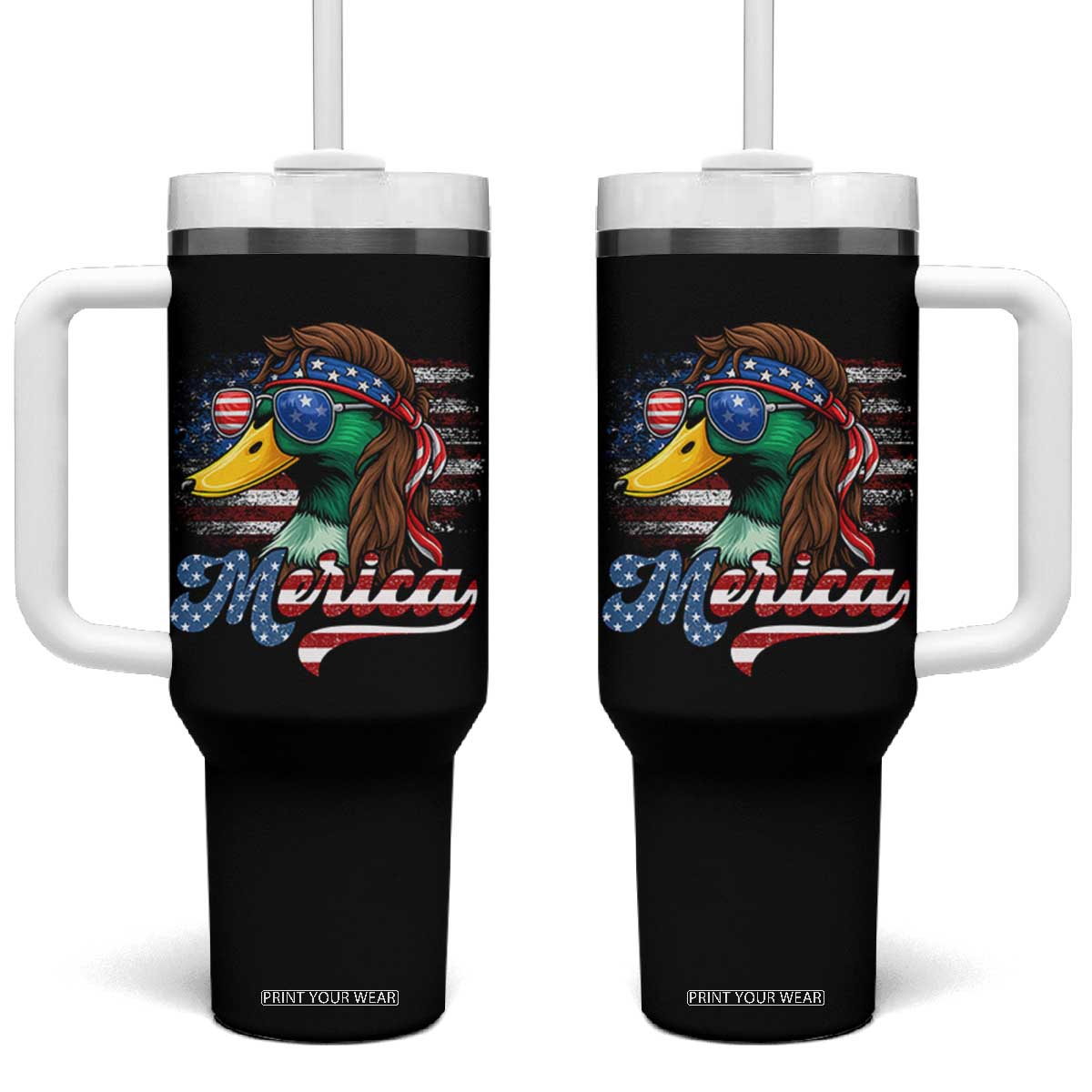 Funny Duck Merica Tumbler With Handle 4th Of July American Flag Patriotic Hunting TS11 One Size: 40 oz Black Print Your Wear