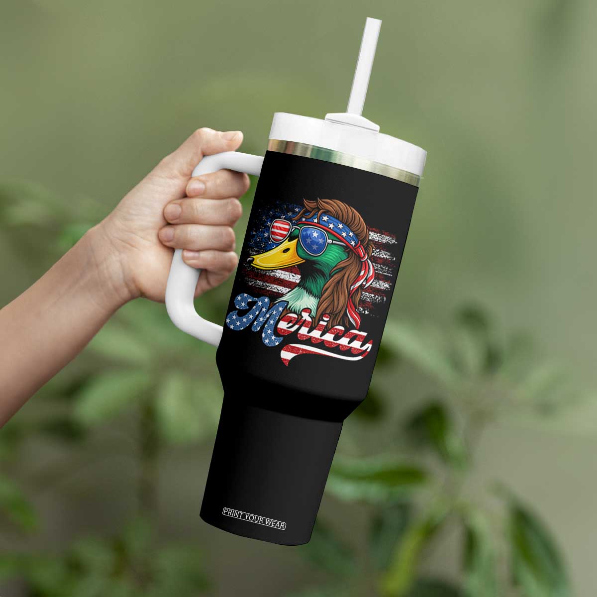 Funny Duck Merica Tumbler With Handle 4th Of July American Flag Patriotic Hunting TS11 Print Your Wear