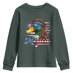 Funny Duck Merica Youth Sweatshirt 4th Of July American Flag Patriotic Hunting TS11 Dark Forest Green Print Your Wear