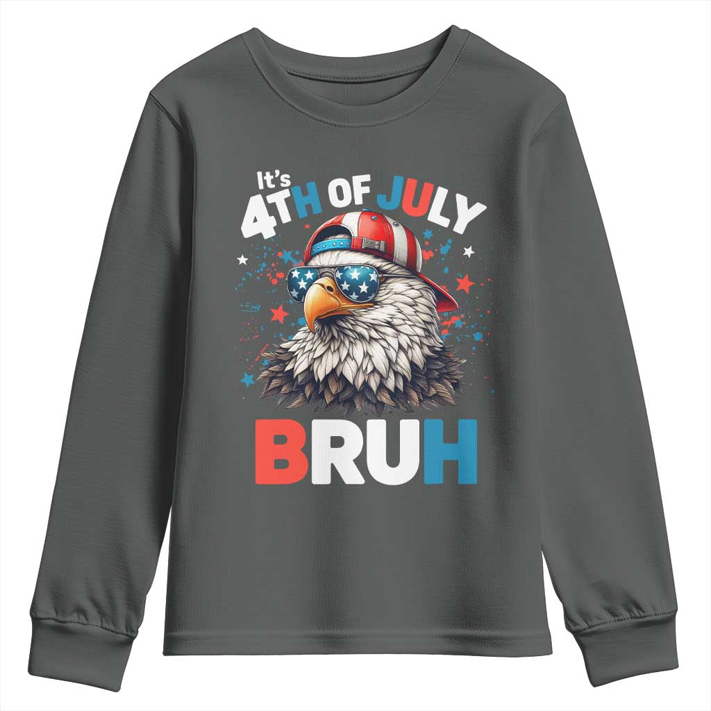 Funny Eagle It's 4th Of July Bruh Youth Sweatshirt Patriotic Bald Eagle American Flag TS11 Dark Heather Print Your Wear