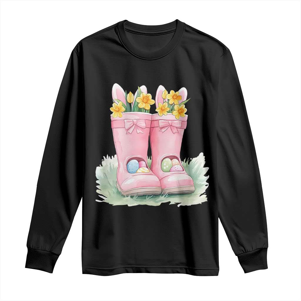 Funny Easter Day Gardening Long Sleeve Shirt Gardener Boots Bunny Ears Colorful Eggs TS11 Black Print Your Wear