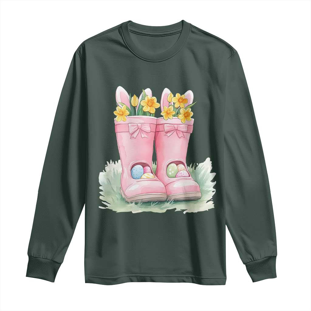 Funny Easter Day Gardening Long Sleeve Shirt Gardener Boots Bunny Ears Colorful Eggs TS11 Dark Forest Green Print Your Wear