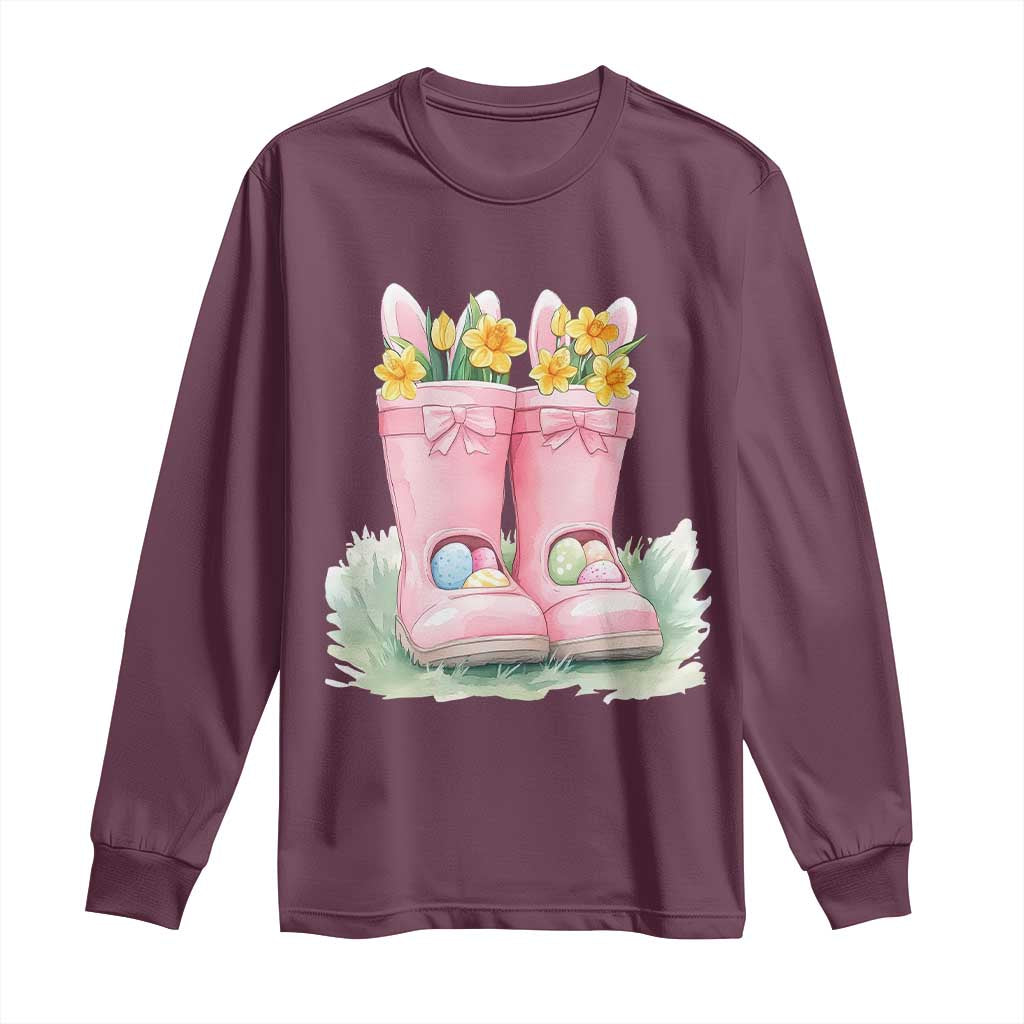 Funny Easter Day Gardening Long Sleeve Shirt Gardener Boots Bunny Ears Colorful Eggs TS11 Maroon Print Your Wear