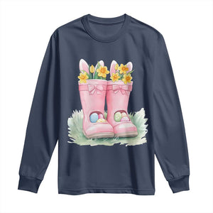 Funny Easter Day Gardening Long Sleeve Shirt Gardener Boots Bunny Ears Colorful Eggs TS11 Navy Print Your Wear