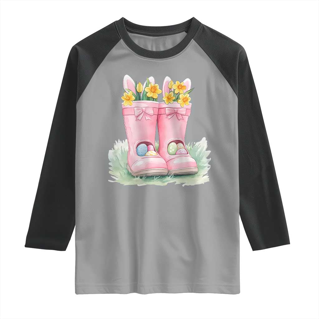Funny Easter Day Gardening Raglan Shirt Gardener Boots Bunny Ears Colorful Eggs TS11 Sport Gray Black Print Your Wear