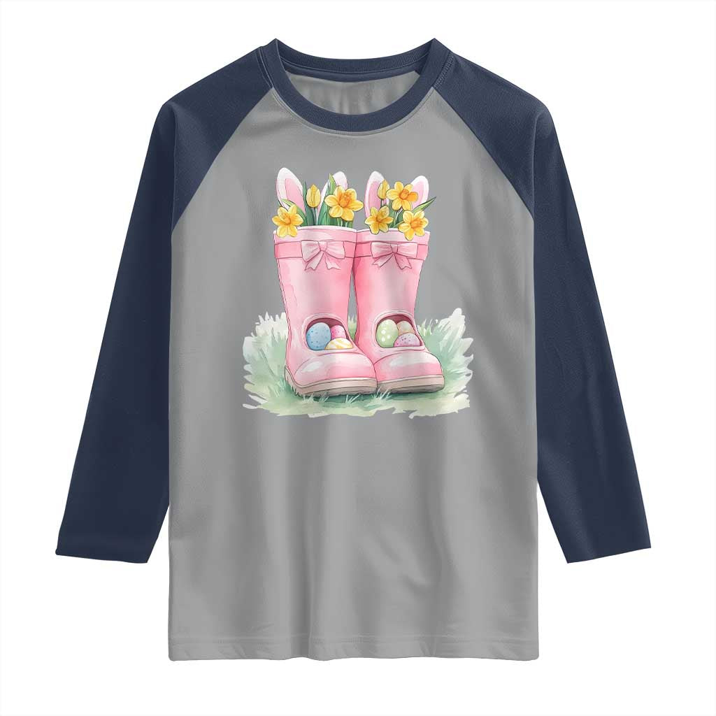 Funny Easter Day Gardening Raglan Shirt Gardener Boots Bunny Ears Colorful Eggs TS11 Sport Gray Navy Print Your Wear