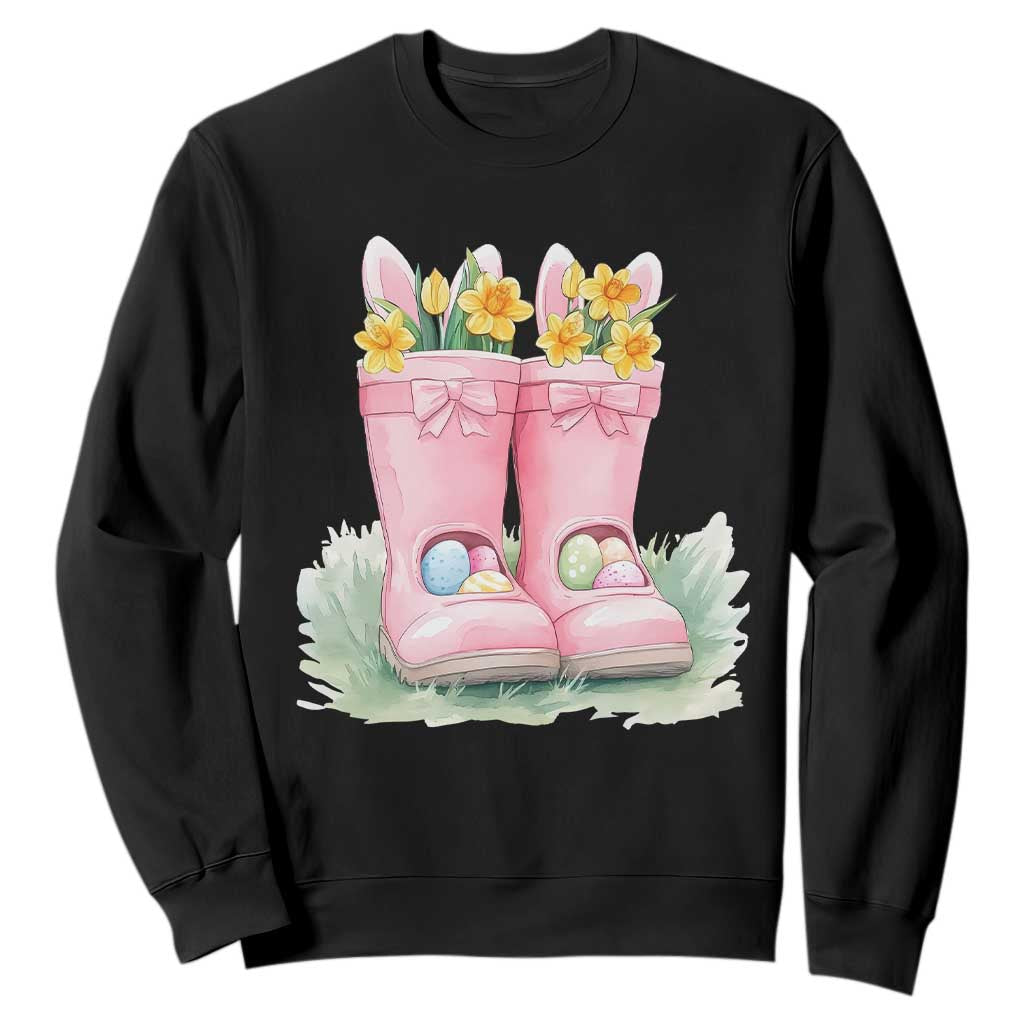 Funny Easter Day Gardening Sweatshirt Gardener Boots Bunny Ears Colorful Eggs TS11 Black Print Your Wear