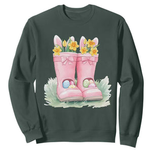 Funny Easter Day Gardening Sweatshirt Gardener Boots Bunny Ears Colorful Eggs TS11 Dark Forest Green Print Your Wear