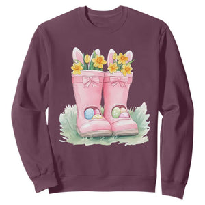 Funny Easter Day Gardening Sweatshirt Gardener Boots Bunny Ears Colorful Eggs TS11 Maroon Print Your Wear