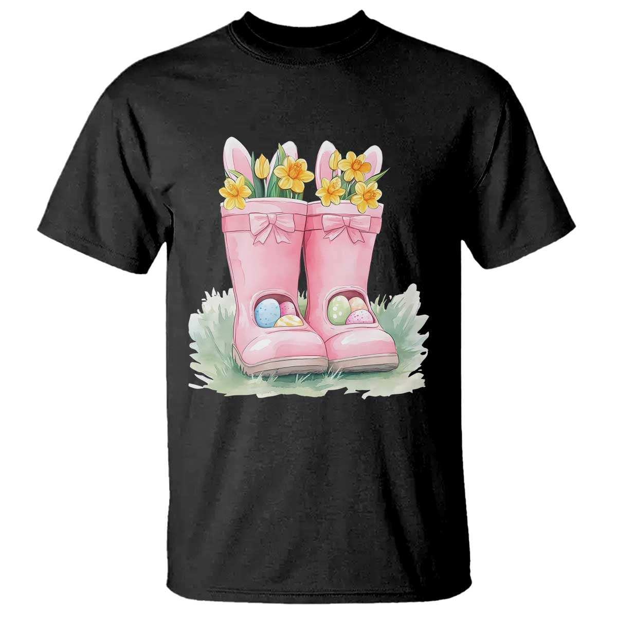 Funny Easter Day Gardening T Shirt Gardener Boots Bunny Ears Colorful Eggs TS11 Black Print Your Wear