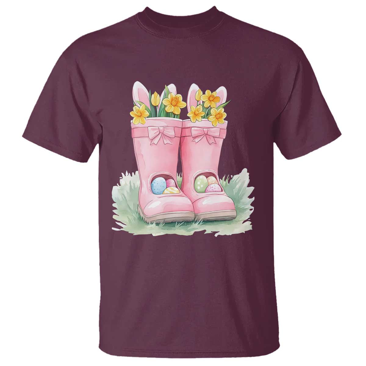 Funny Easter Day Gardening T Shirt Gardener Boots Bunny Ears Colorful Eggs TS11 Maroon Print Your Wear