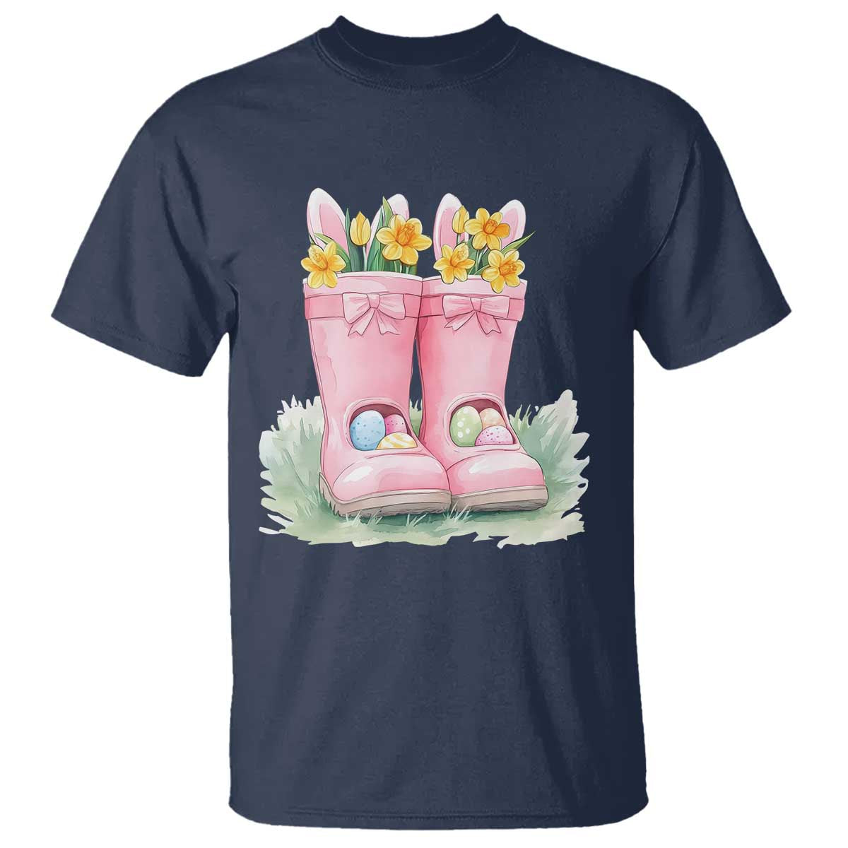 Funny Easter Day Gardening T Shirt Gardener Boots Bunny Ears Colorful Eggs TS11 Navy Print Your Wear