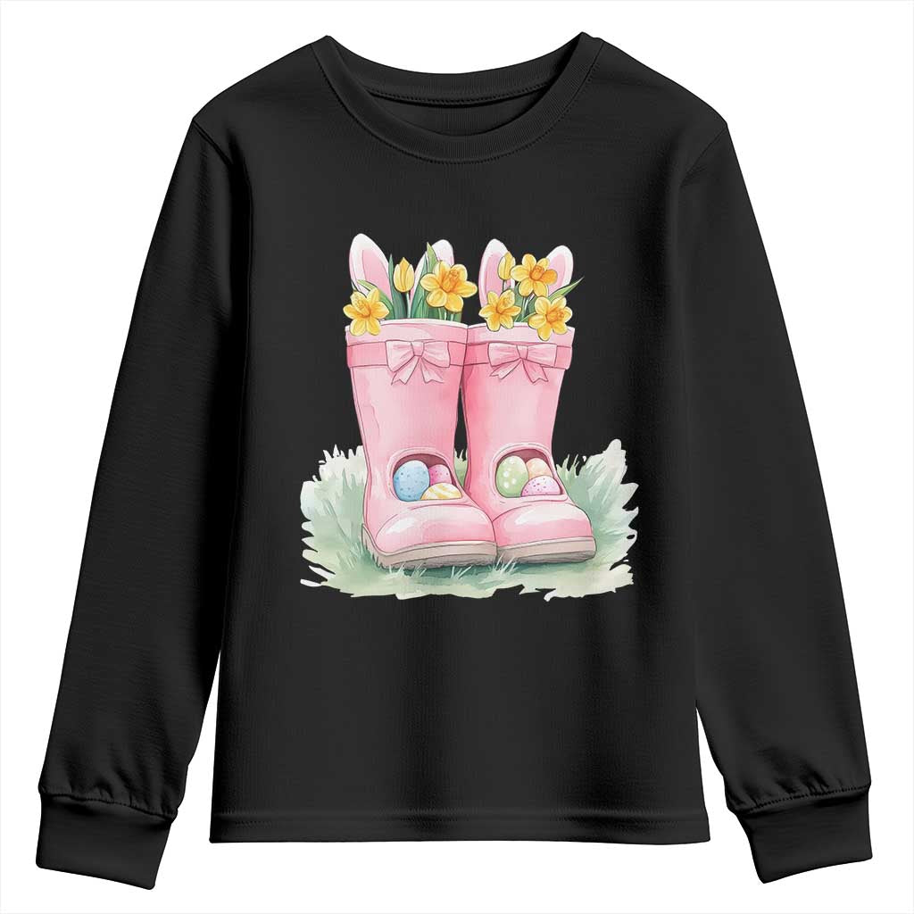 Funny Easter Day Gardening Youth Sweatshirt Gardener Boots Bunny Ears Colorful Eggs TS11 Black Print Your Wear