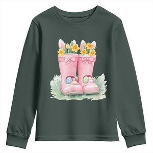 Funny Easter Day Gardening Youth Sweatshirt Gardener Boots Bunny Ears Colorful Eggs TS11 Dark Forest Green Print Your Wear