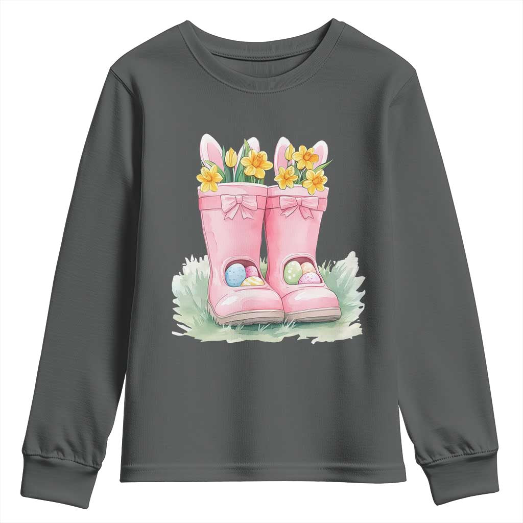 Funny Easter Day Gardening Youth Sweatshirt Gardener Boots Bunny Ears Colorful Eggs TS11 Dark Heather Print Your Wear