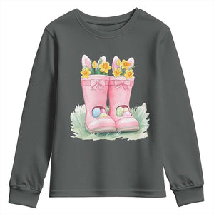Funny Easter Day Gardening Youth Sweatshirt Gardener Boots Bunny Ears Colorful Eggs TS11 Dark Heather Print Your Wear