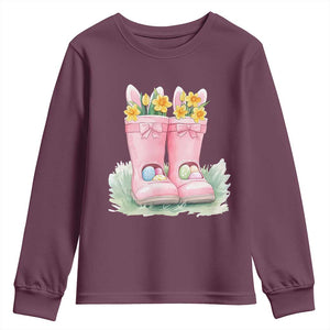 Funny Easter Day Gardening Youth Sweatshirt Gardener Boots Bunny Ears Colorful Eggs TS11 Maroon Print Your Wear