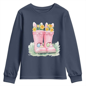 Funny Easter Day Gardening Youth Sweatshirt Gardener Boots Bunny Ears Colorful Eggs TS11 Navy Print Your Wear