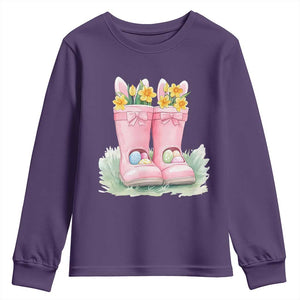 Funny Easter Day Gardening Youth Sweatshirt Gardener Boots Bunny Ears Colorful Eggs TS11 Purple Print Your Wear