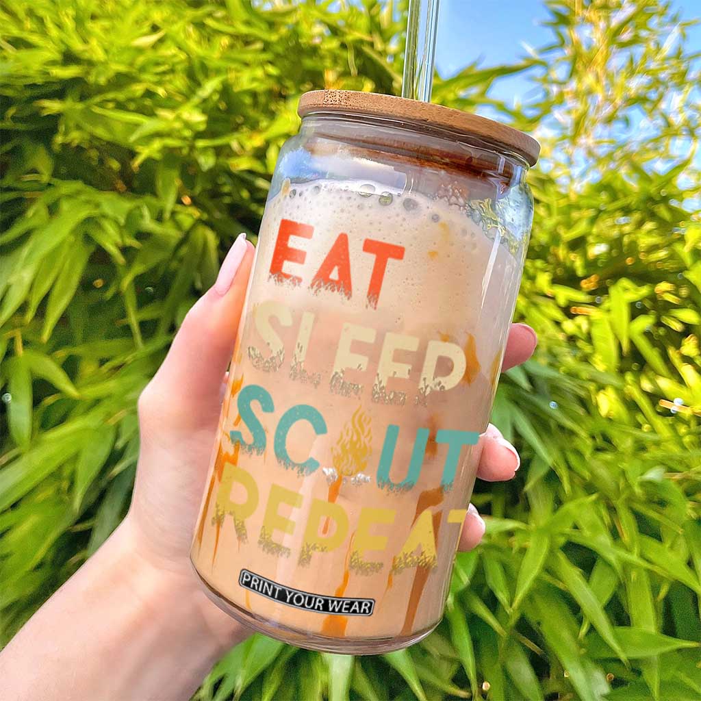 Funny Eat Sleep Scout Repeat Glass Can Scouting Outdoor Camping Nature Campfire TS11 Print Your Wear