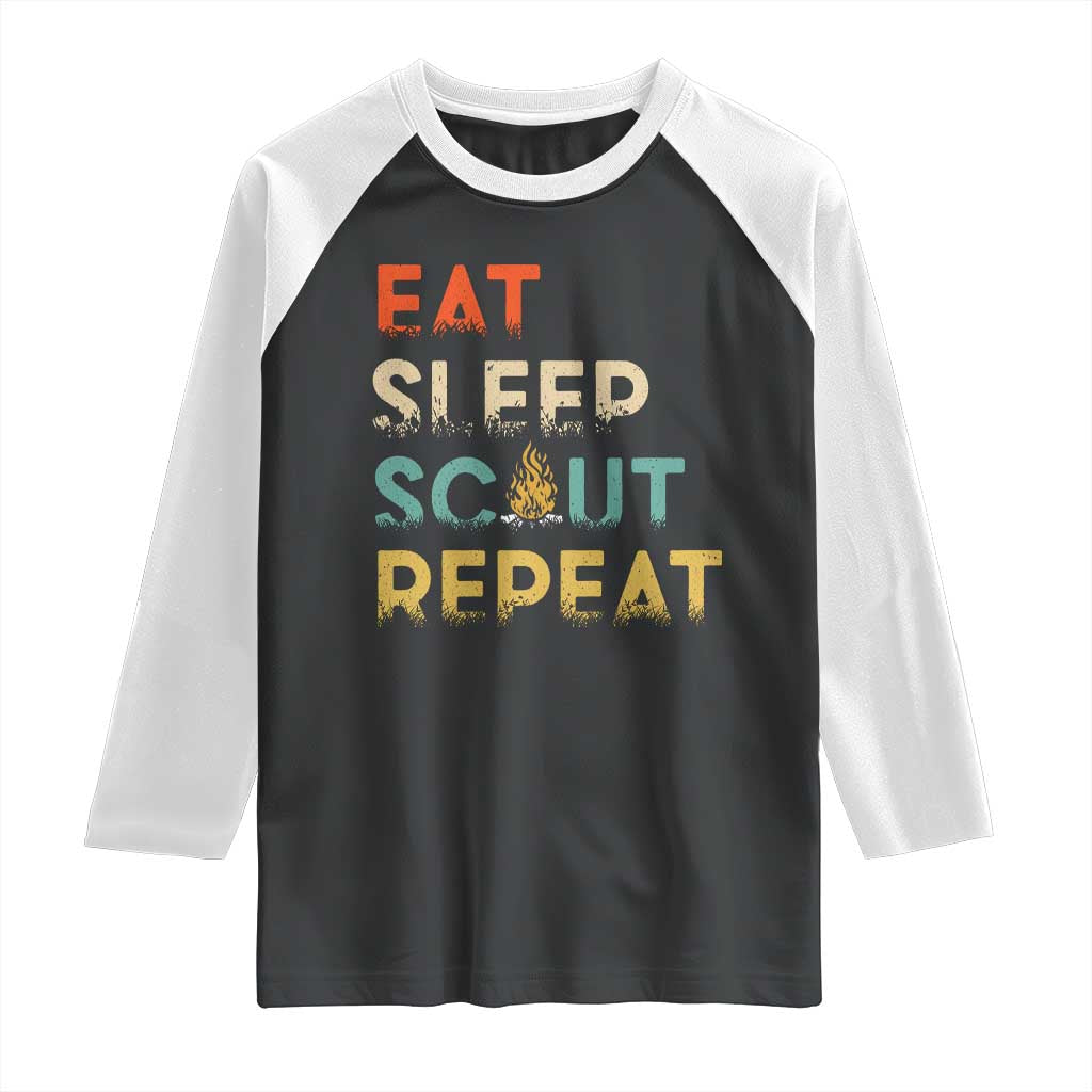 Funny Eat Sleep Scout Repeat Raglan Shirt Scouting Outdoor Camping Nature Campfire TS11 Black White Print Your Wear