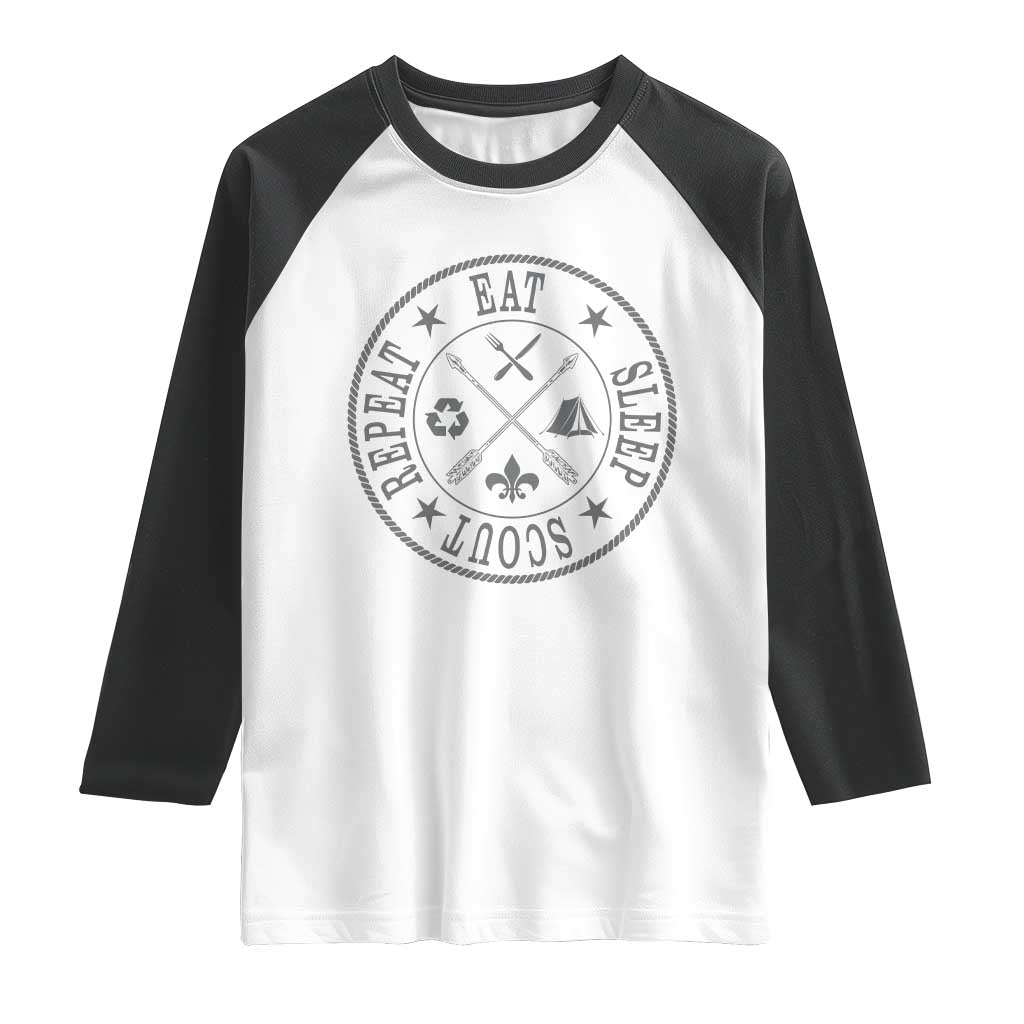 Funny Eat Sleep Scout Repeat Raglan Shirt Scouting Outdoor Camping Nature TS11 White Black Print Your Wear