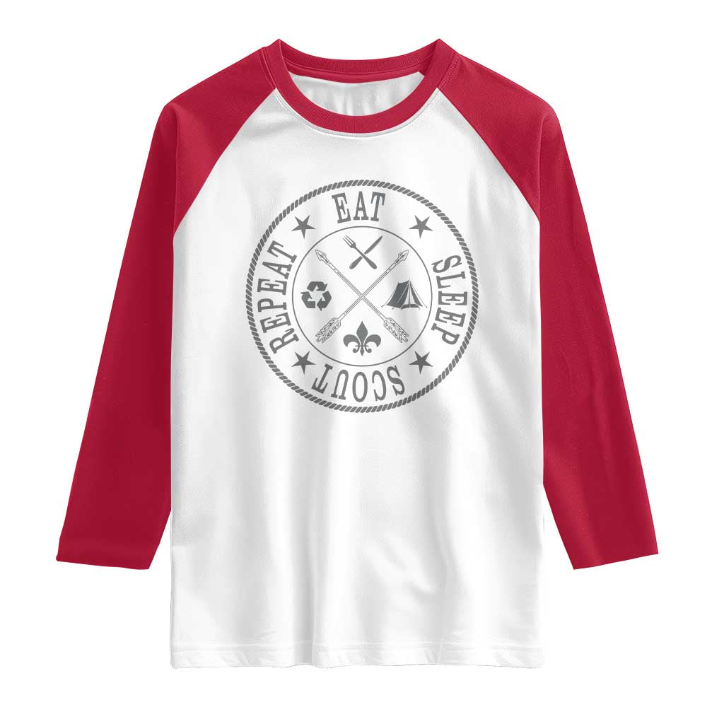 Funny Eat Sleep Scout Repeat Raglan Shirt Scouting Outdoor Camping Nature TS11 White Red Print Your Wear