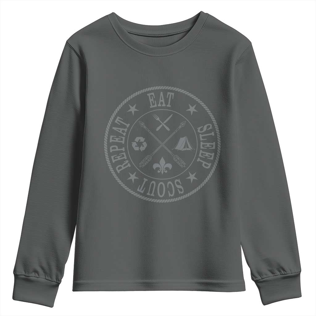 Funny Eat Sleep Scout Repeat Youth Sweatshirt Scouting Outdoor Camping Nature TS11 Dark Heather Print Your Wear