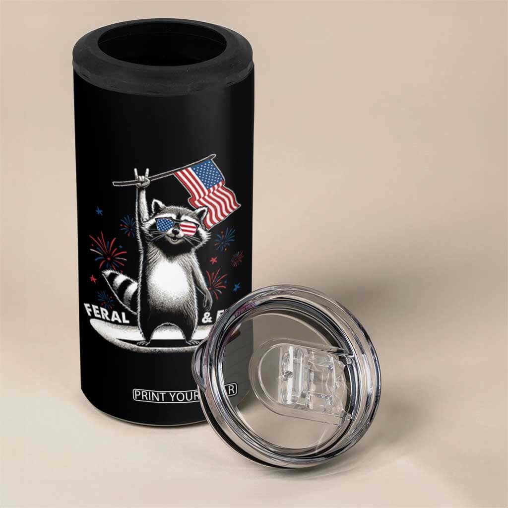 Funny Feral And Free 4 in 1 Can Cooler Tumbler 4th of July Patriotic Raccoon With American Flag Fireworks TS11 Print Your Wear
