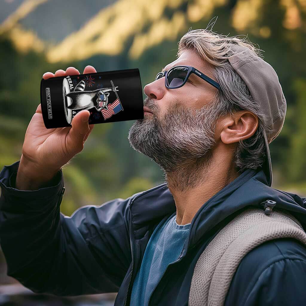 Funny Feral And Free 4 in 1 Can Cooler Tumbler 4th of July Patriotic Raccoon With American Flag Fireworks TS11 Print Your Wear