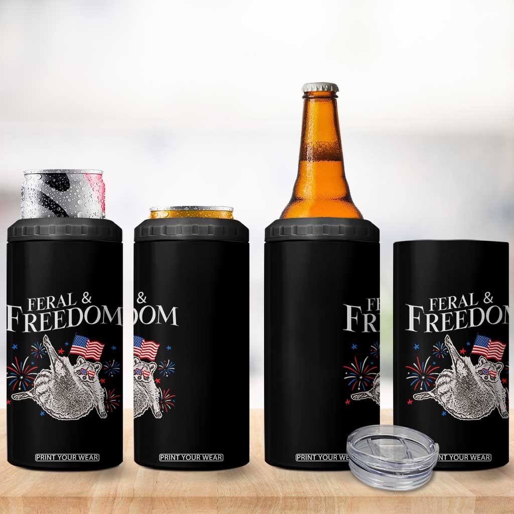 Funny Feral And Free 4 in 1 Can Cooler Tumbler 4th of July Patriotic Raccoon With American Flag TS11 Print Your Wear