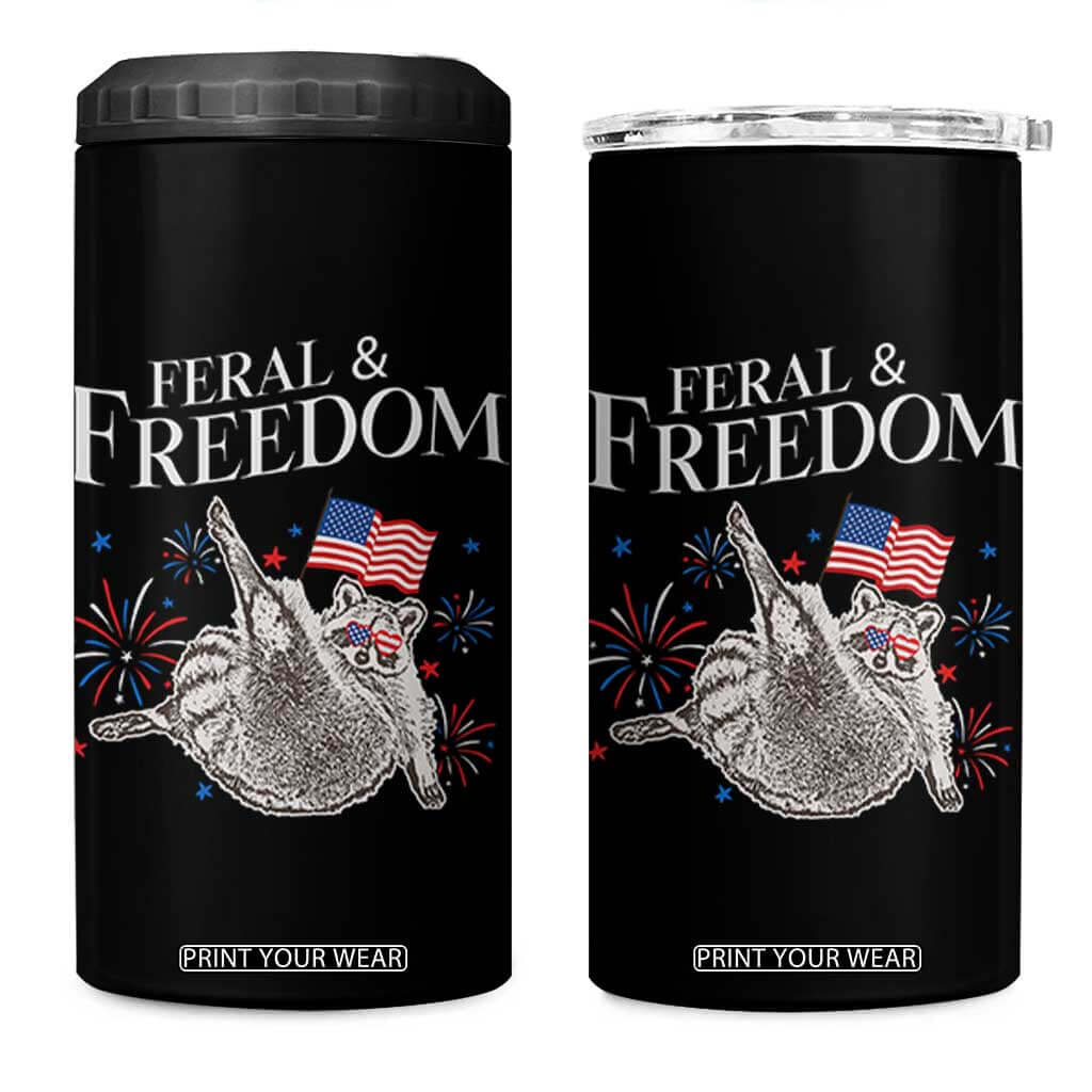 Funny Feral And Free 4 in 1 Can Cooler Tumbler 4th of July Patriotic Raccoon With American Flag TS11 One Size: 16 oz Black Print Your Wear
