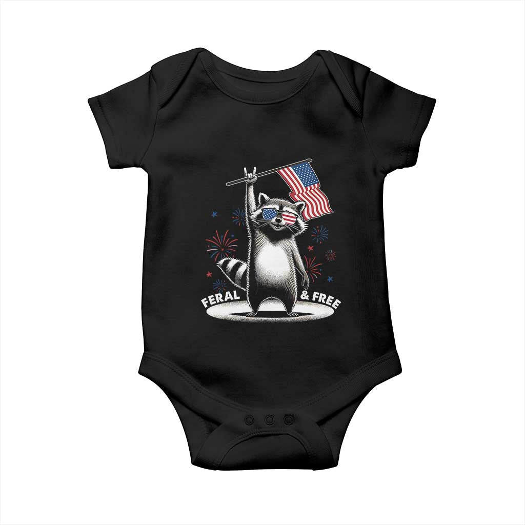 Funny Feral And Free Baby Onesie 4th of July Patriotic Raccoon With American Flag Fireworks TS11 Black Print Your Wear