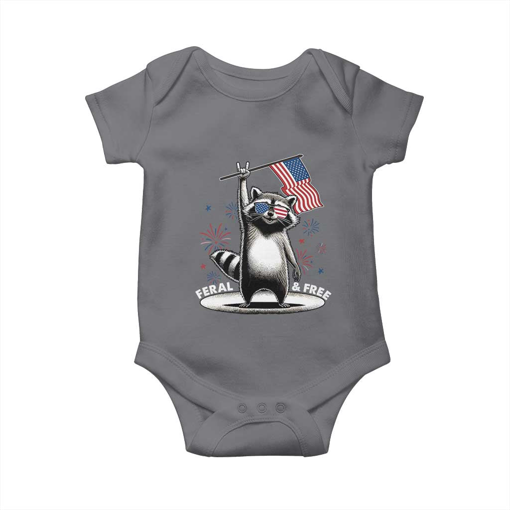 Funny Feral And Free Baby Onesie 4th of July Patriotic Raccoon With American Flag Fireworks TS11 Charcoal Print Your Wear